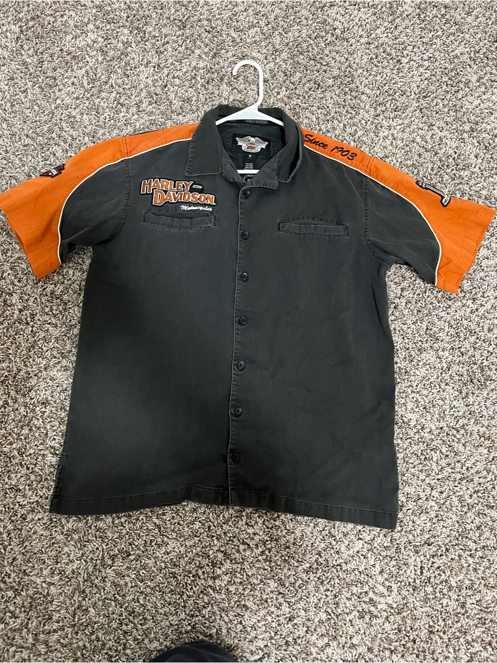 Harley-Davidson Black Button-Down Shirt with Orange Sleeves